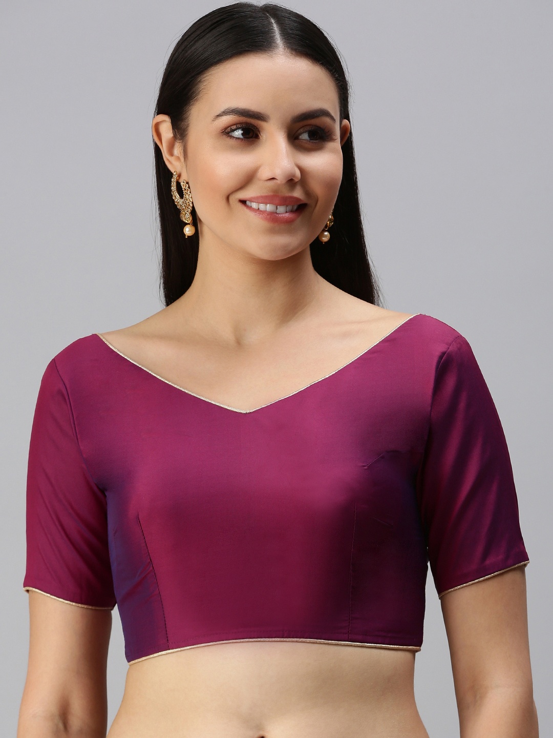 

flaher Aubergine Solid Padded Saree Blouse with Tie-Ups & Thread Work, Purple