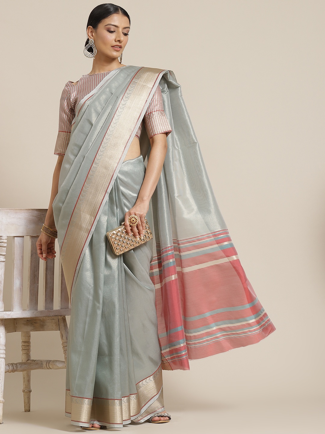 

Mitera Blue & Red Self Striped Zari Saree