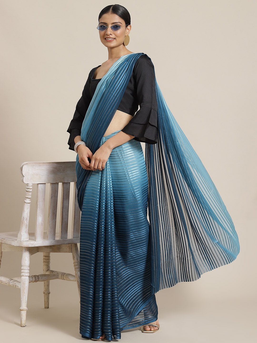 

Mitera Blue Ombre Zari Silk Blend Saree