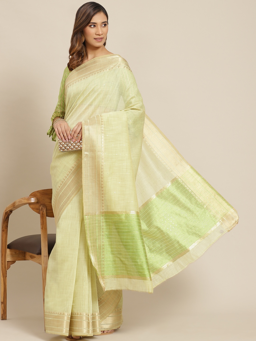 

Mitera Green Zari Linen Blend Saree