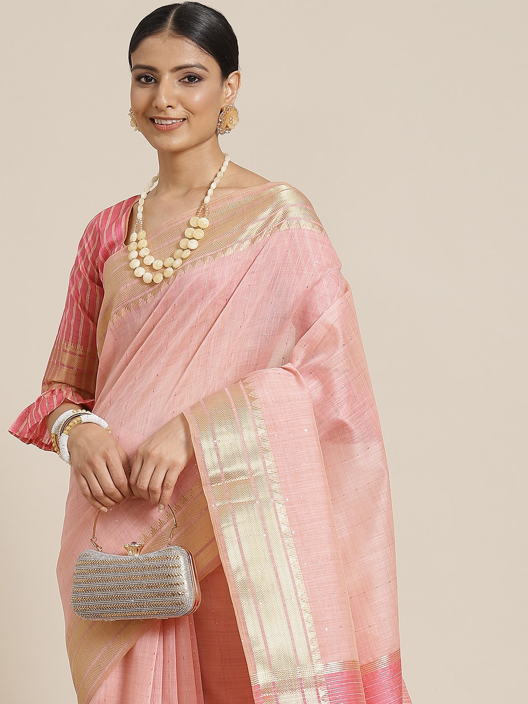 

Mitera Pink & Blue Floral Zari Linen Blend Saree