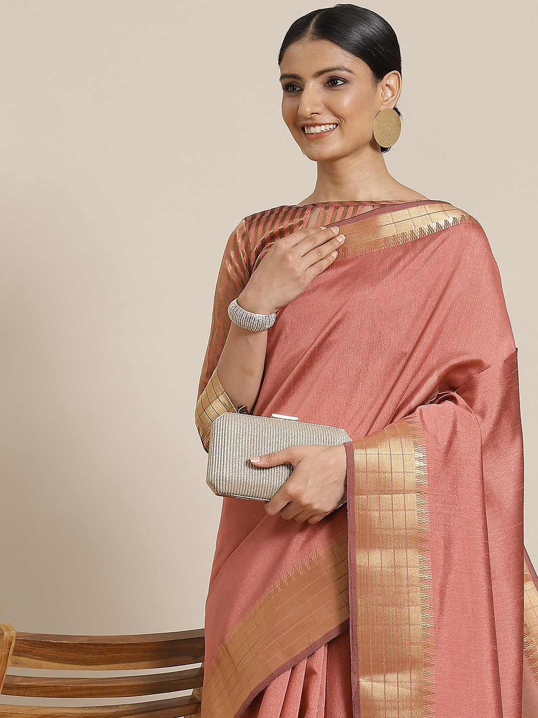 

Mitera Rose Striped Zari Silk Blend Saree