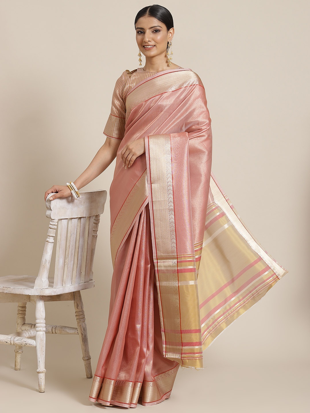 

Mitera Pink & Golden Striped Zari Linen Blend Saree
