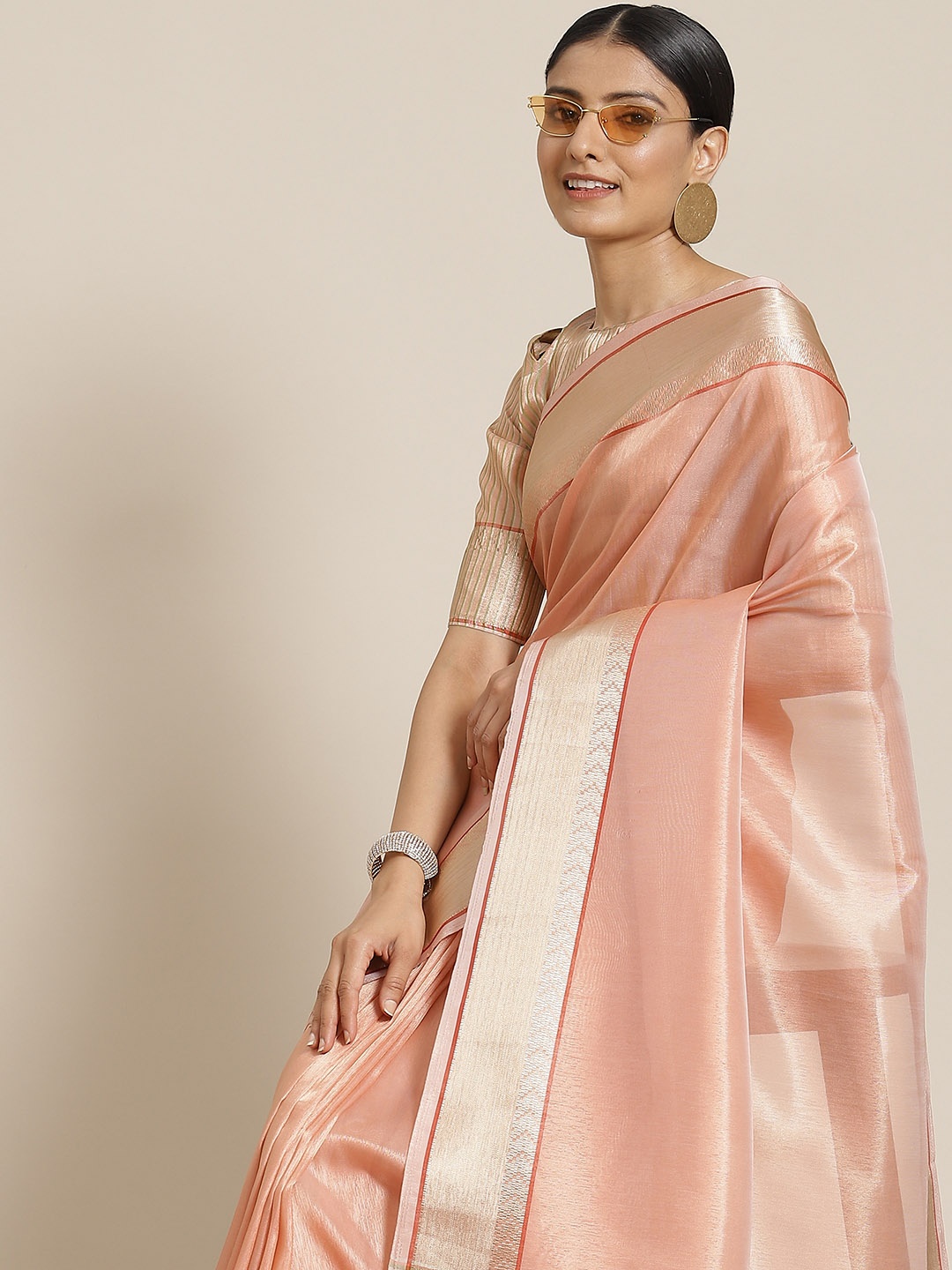 

Mitera Pink Striped Zari Linen Blend Saree