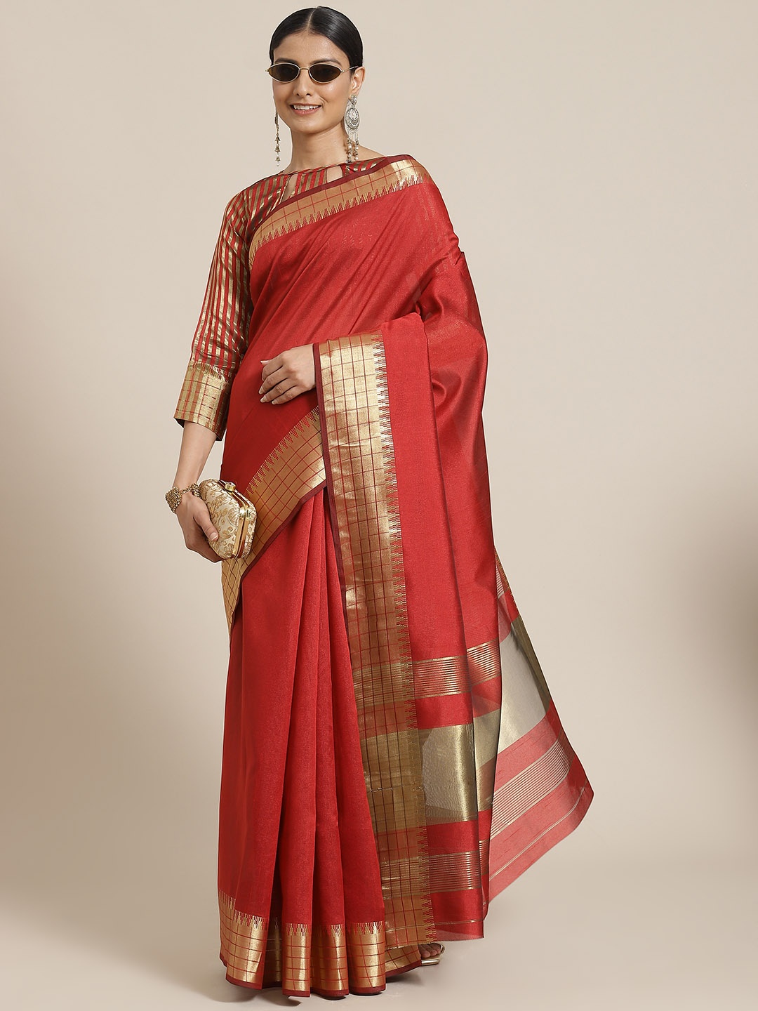 

Mitera Red & Gold-Toned Striped Zari Silk Blend Saree