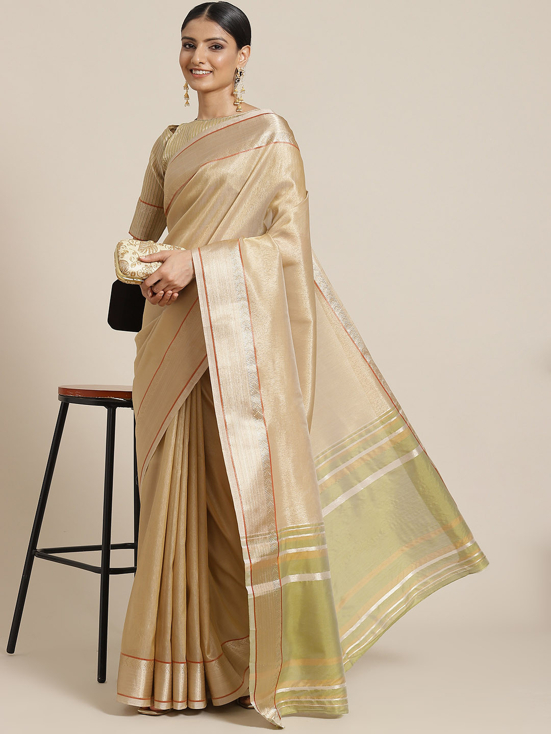 

Mitera Gold-Toned Striped Zari Linen Blend Saree