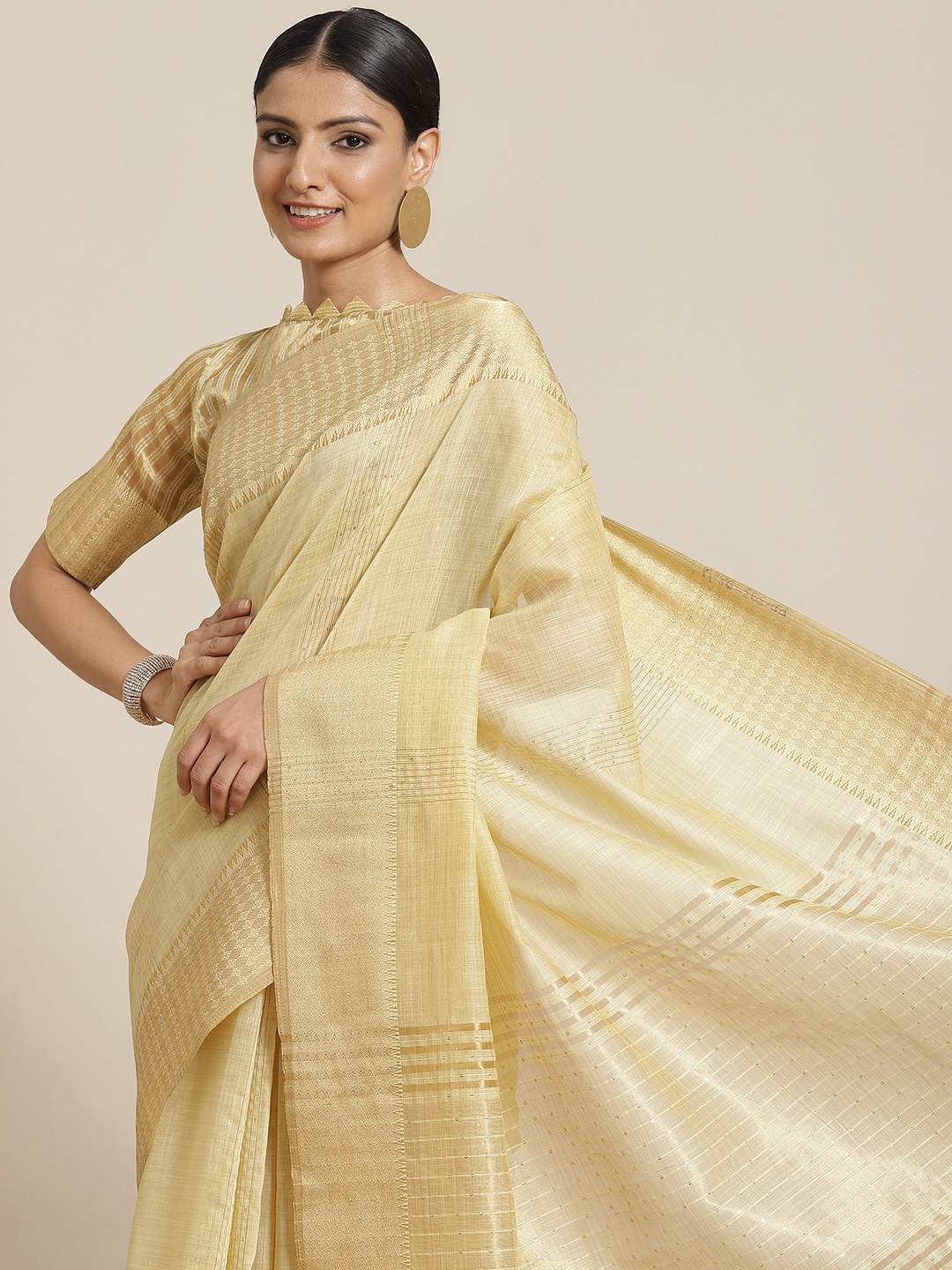 

Mitera Beige Striped Zari Linen Blend Saree