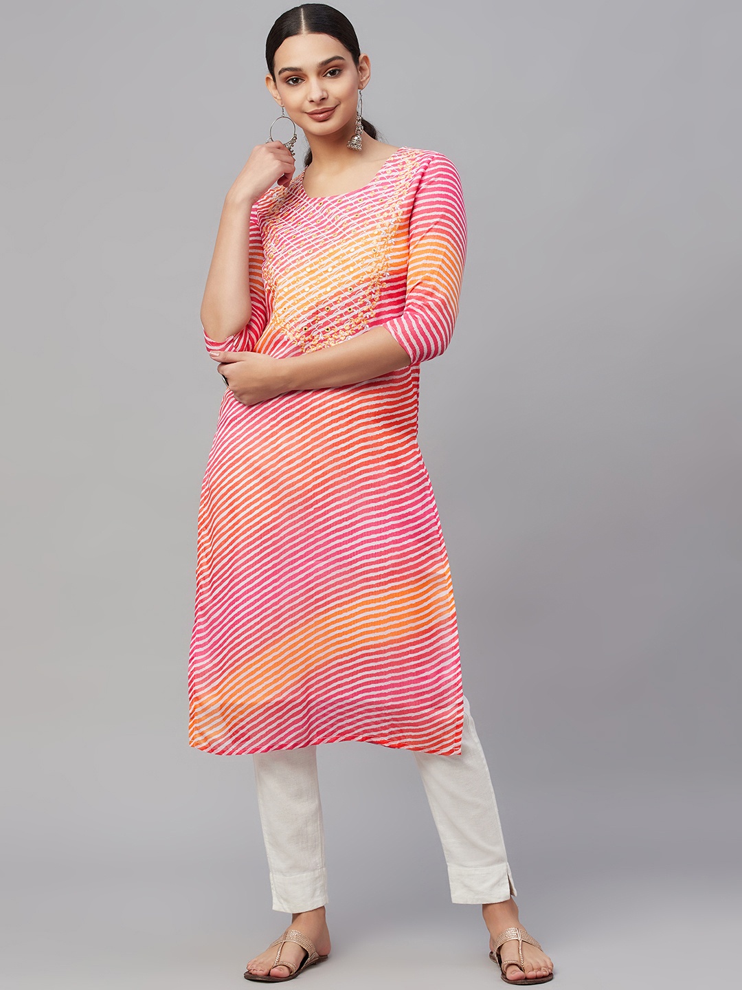 

Myshka Women Pink & White Leheriya Striped Mirror Work Kurta