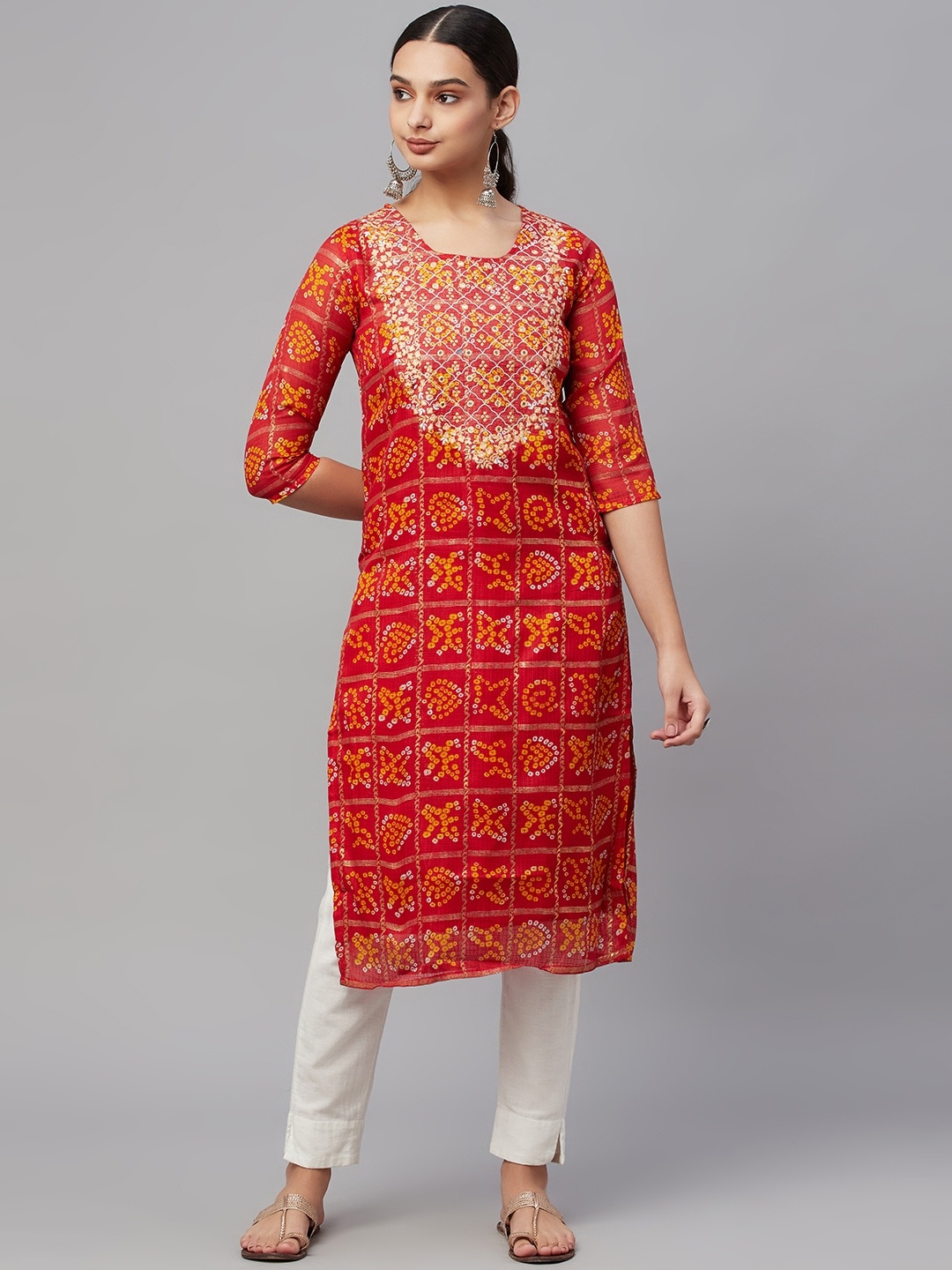 

Myshka Women Red & Yellow Bandhani Printed Mirror Work Kurta