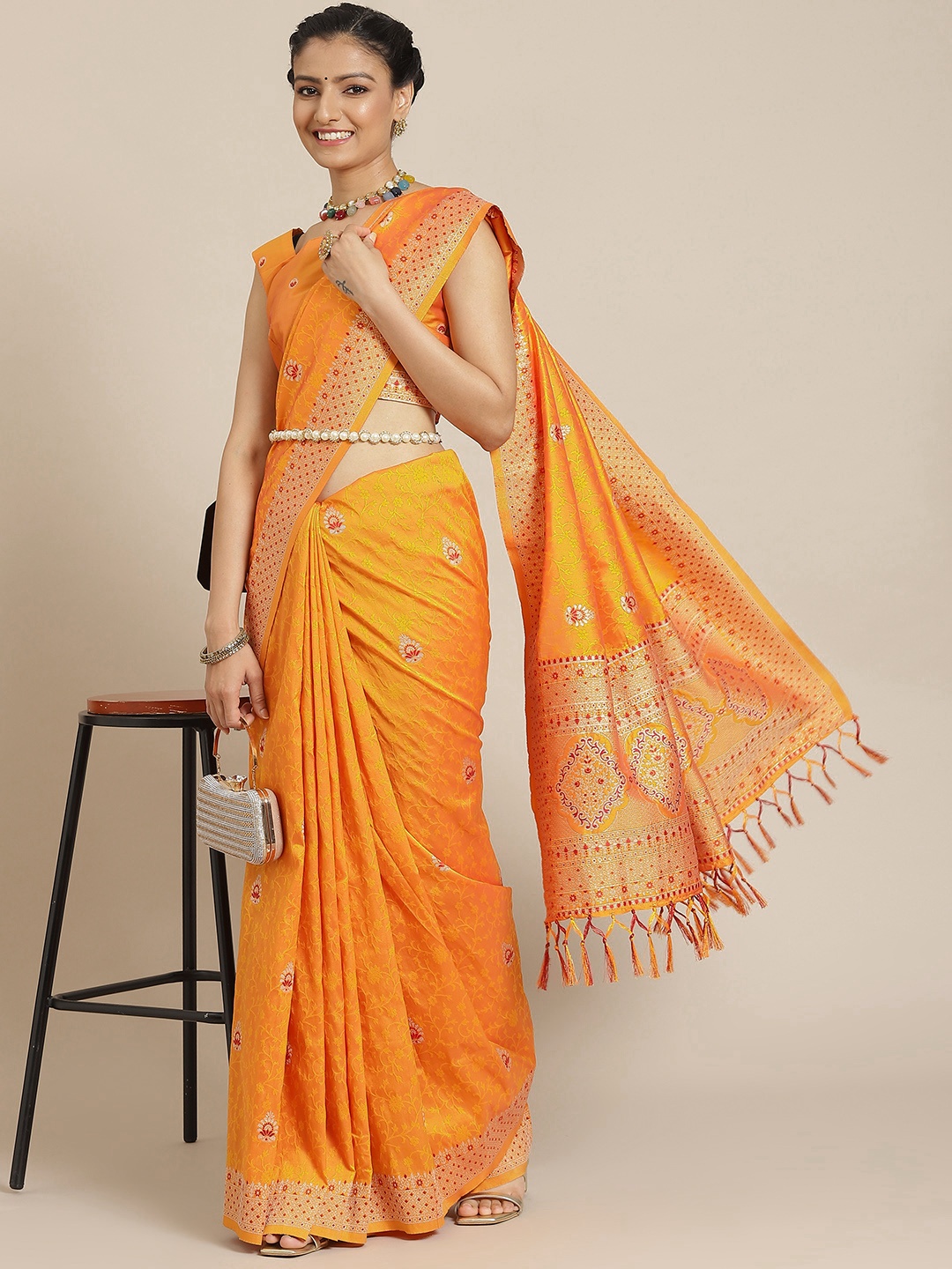 

Satrani Yellow & Gold-Toned Woven Design Silk Blend Saree