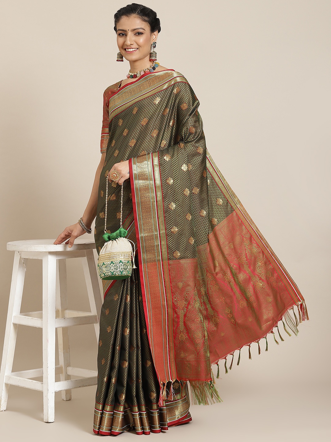 

Satrani Olive Green & Red Woven Design Saree