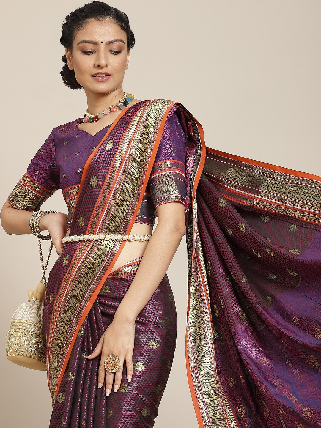 

Satrani Purple & Gold-Toned Woven Design Saree