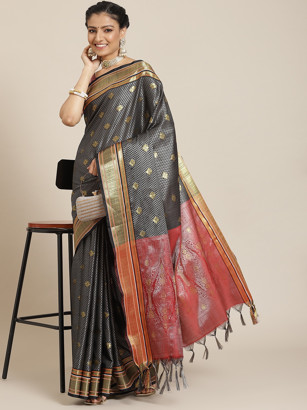 

Satrani Grey & Red Woven Design Zari Saree