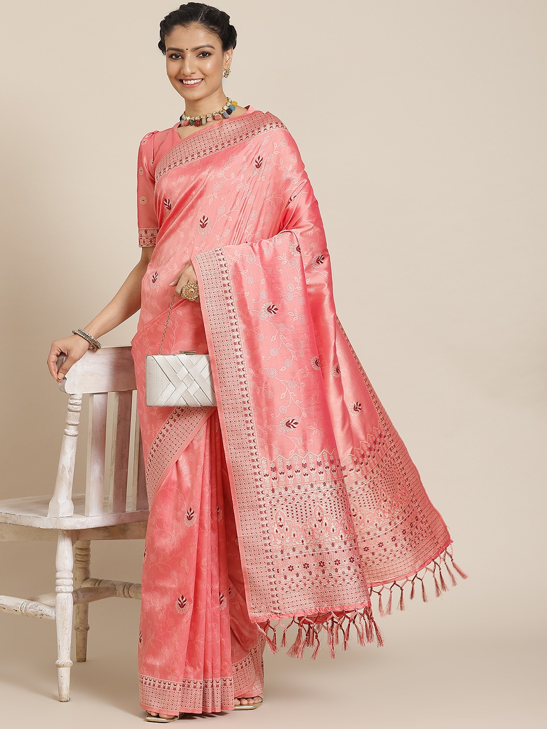 

Satrani Pink Woven Design Silk Blend Saree
