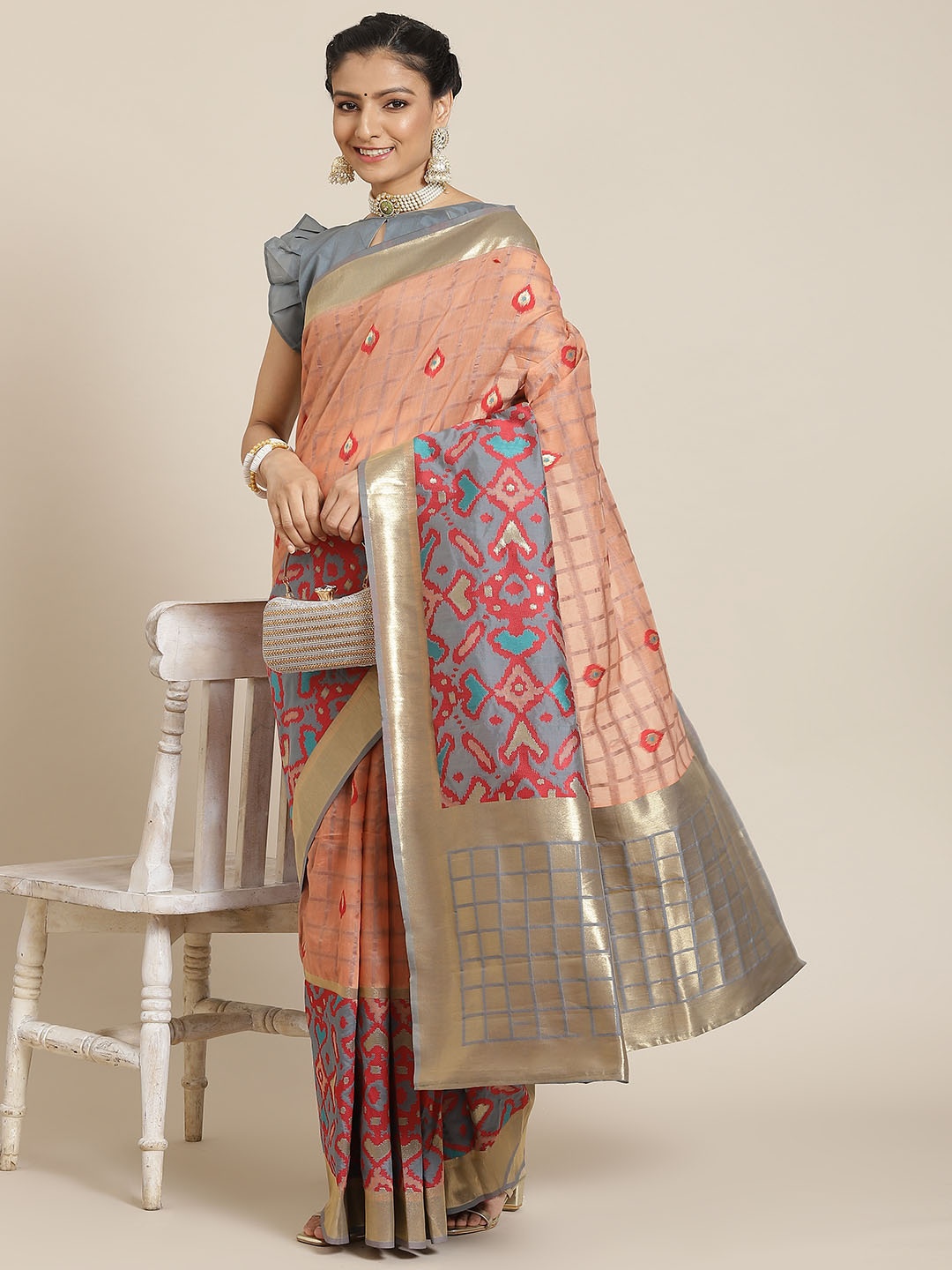 

Satrani Peach-Coloured & Gold-Toned Woven Design Zari Saree