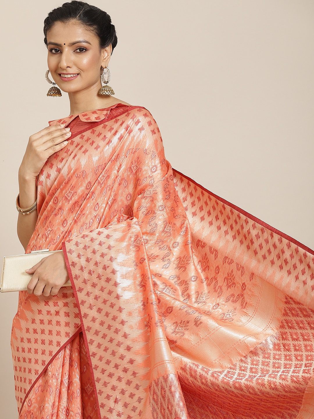 

Satrani Peach-Coloured Woven Design Silk Cotton Saree