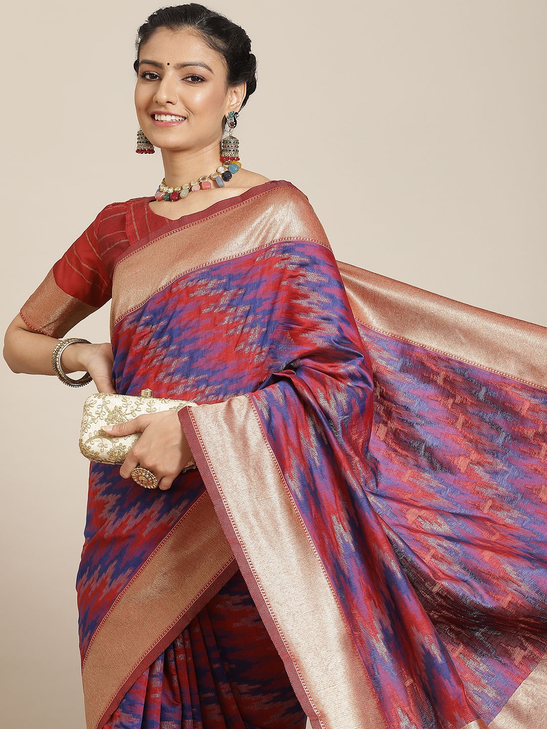 

Satrani Maroon & Blue Woven Design Saree