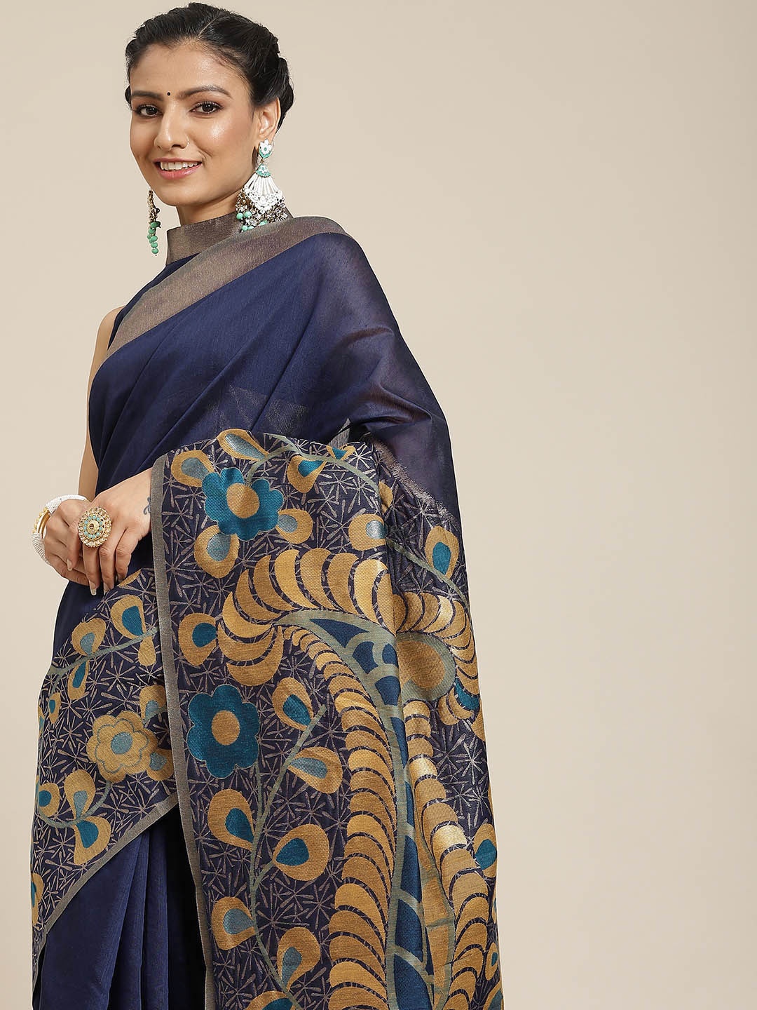 

Satrani Navy Blue & Gold-Toned Woven Design Saree