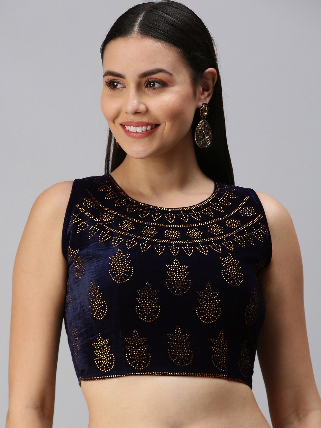 

flaher Women Navy Blue Embellished Velvet Padded Readymade Saree Blouse