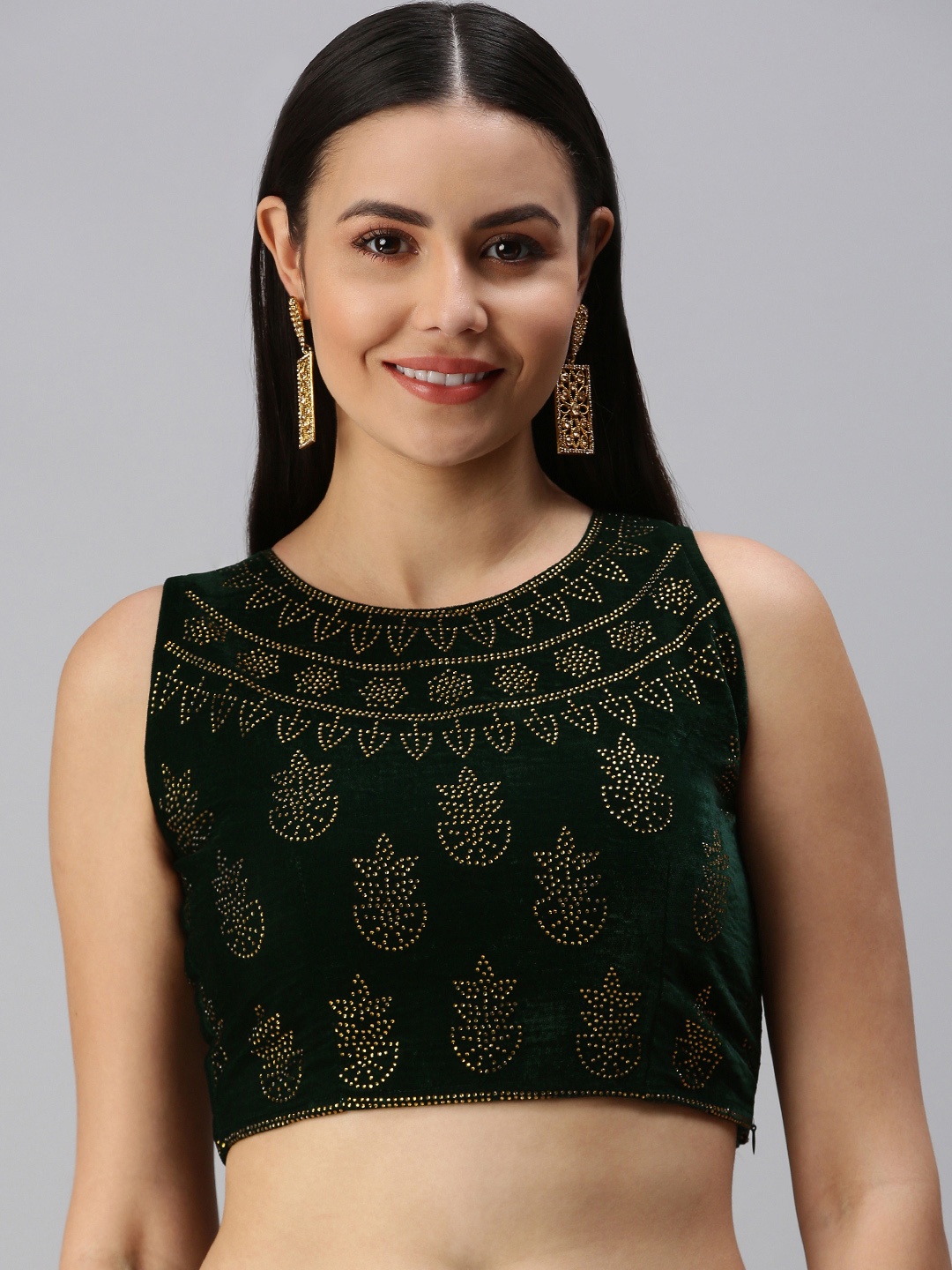 

flaher Women Green Embellished Velvet Padded Readymade Saree Blouse