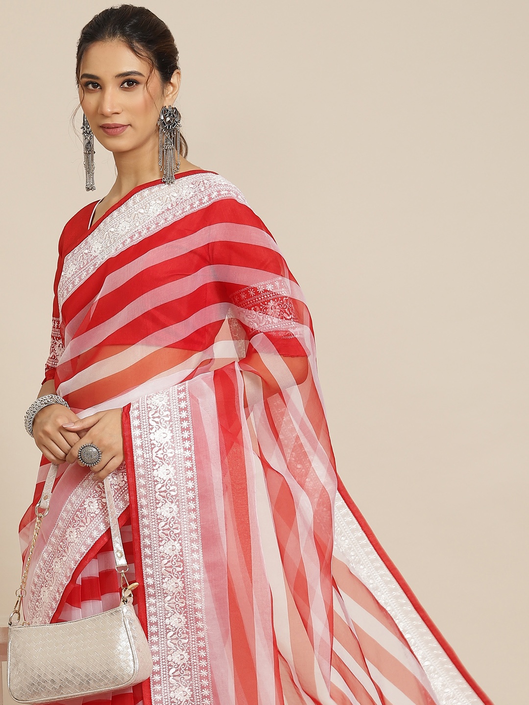 

RAJGRANTH Red & White Striped Organza Saree