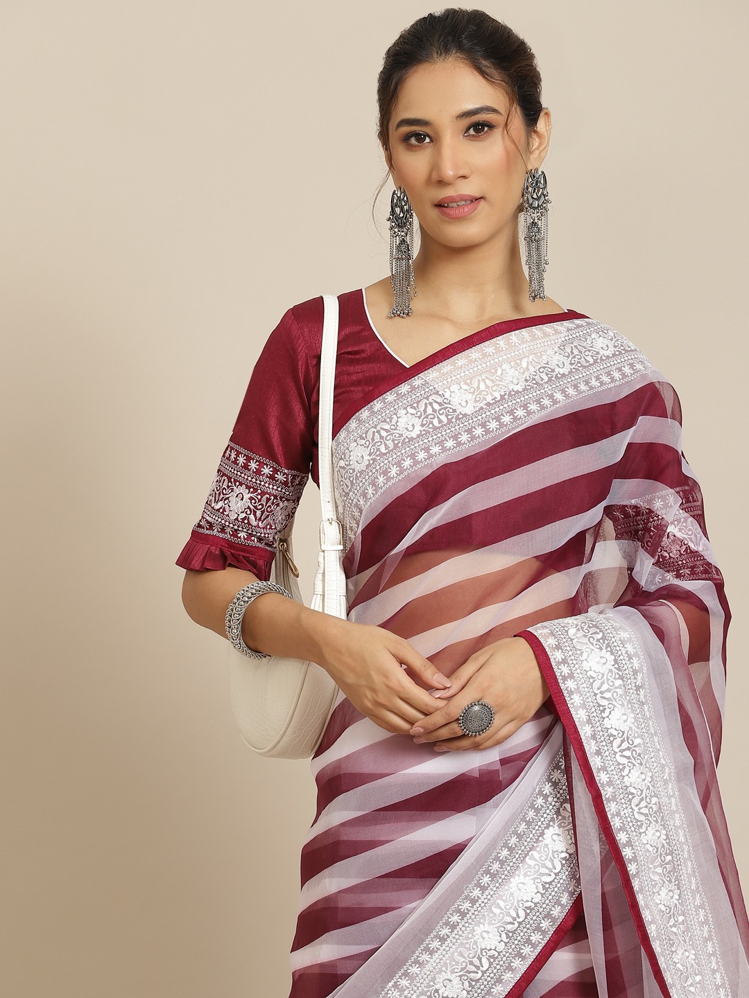 

RAJGRANTH Burgundy & White Striped Organza Saree