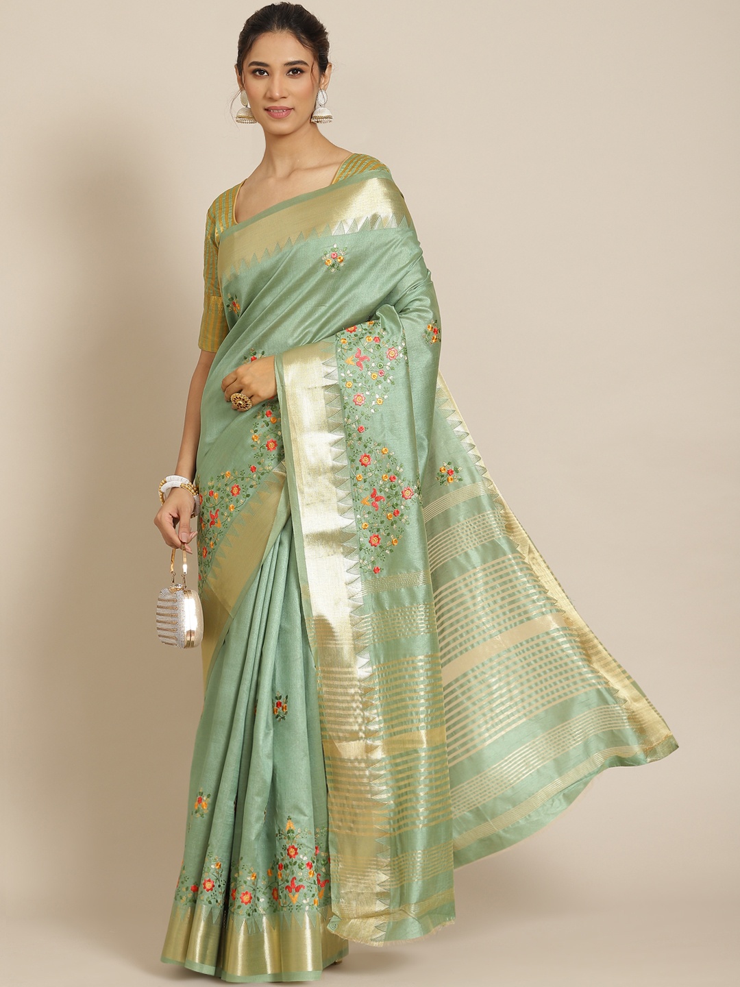 

RAJGRANTH Green & Golden Floral Silk Cotton Saree