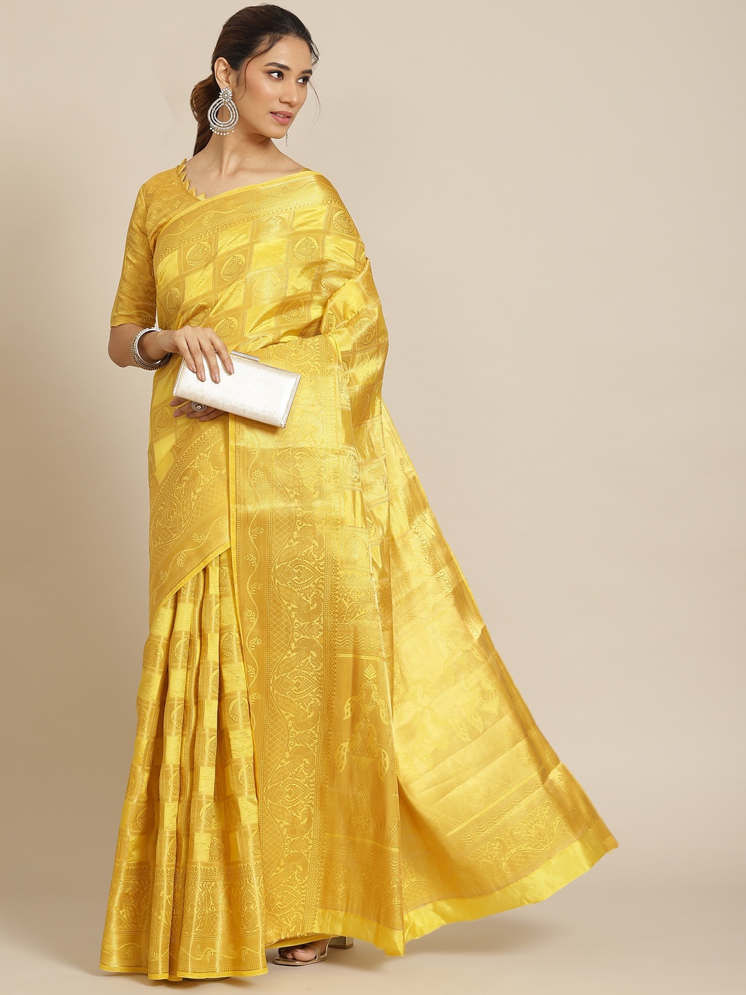 

RAJGRANTH Yellow Ethnic Motifs Silk Cotton Banarasi Saree
