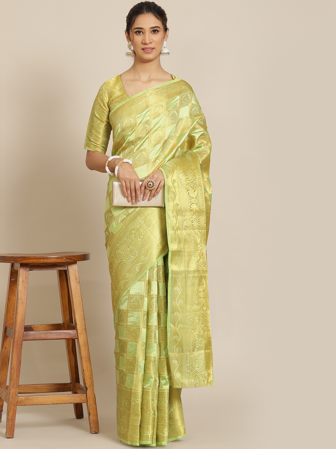 

RAJGRANTH Lime Green Ethnic Motifs Silk Cotton Banarasi Saree