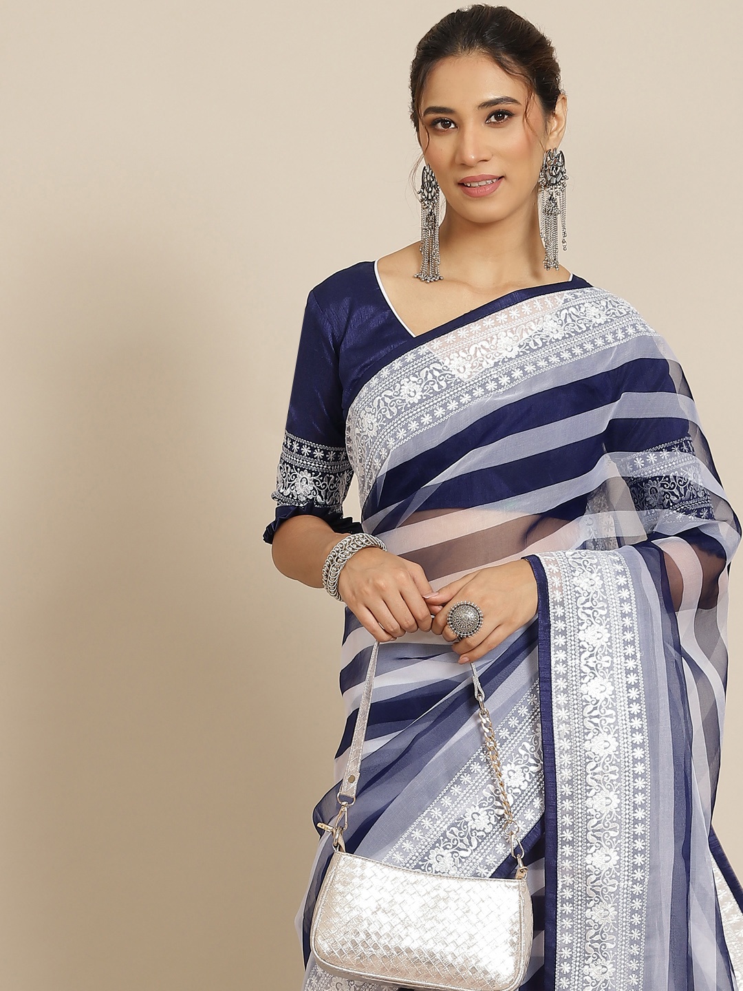 

RAJGRANTH Blue & White Striped Organza Saree