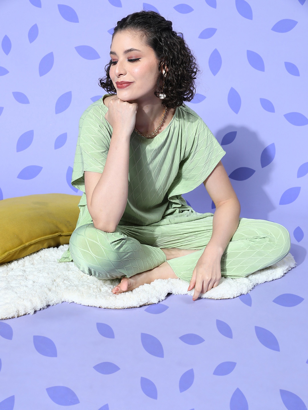 

Bannos Swagger Women Sage Green Geometric Self Design Pyjama Set