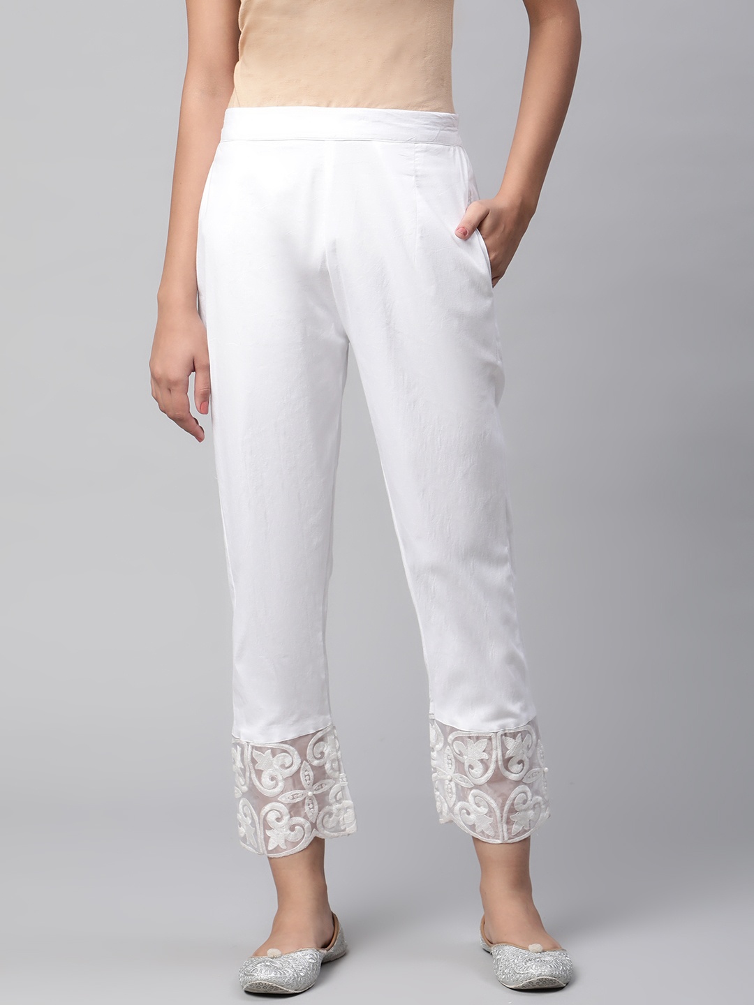 

RIVI Women White Embroidered Hem Cotton Trousers