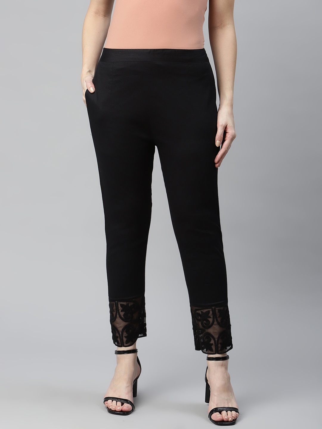 

RIVI Women Black Floral Hem Design Trousers