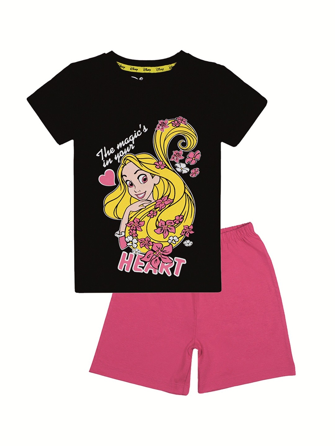 

KINSEY Girls Black & Pink Rapunzel Printed Pure Cotton T-shirt with Shorts