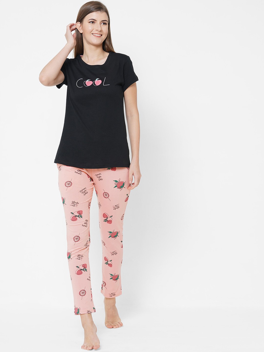 

Sweet Dreams Women Black & Peach 2 Piece Printed Cotton Night suit