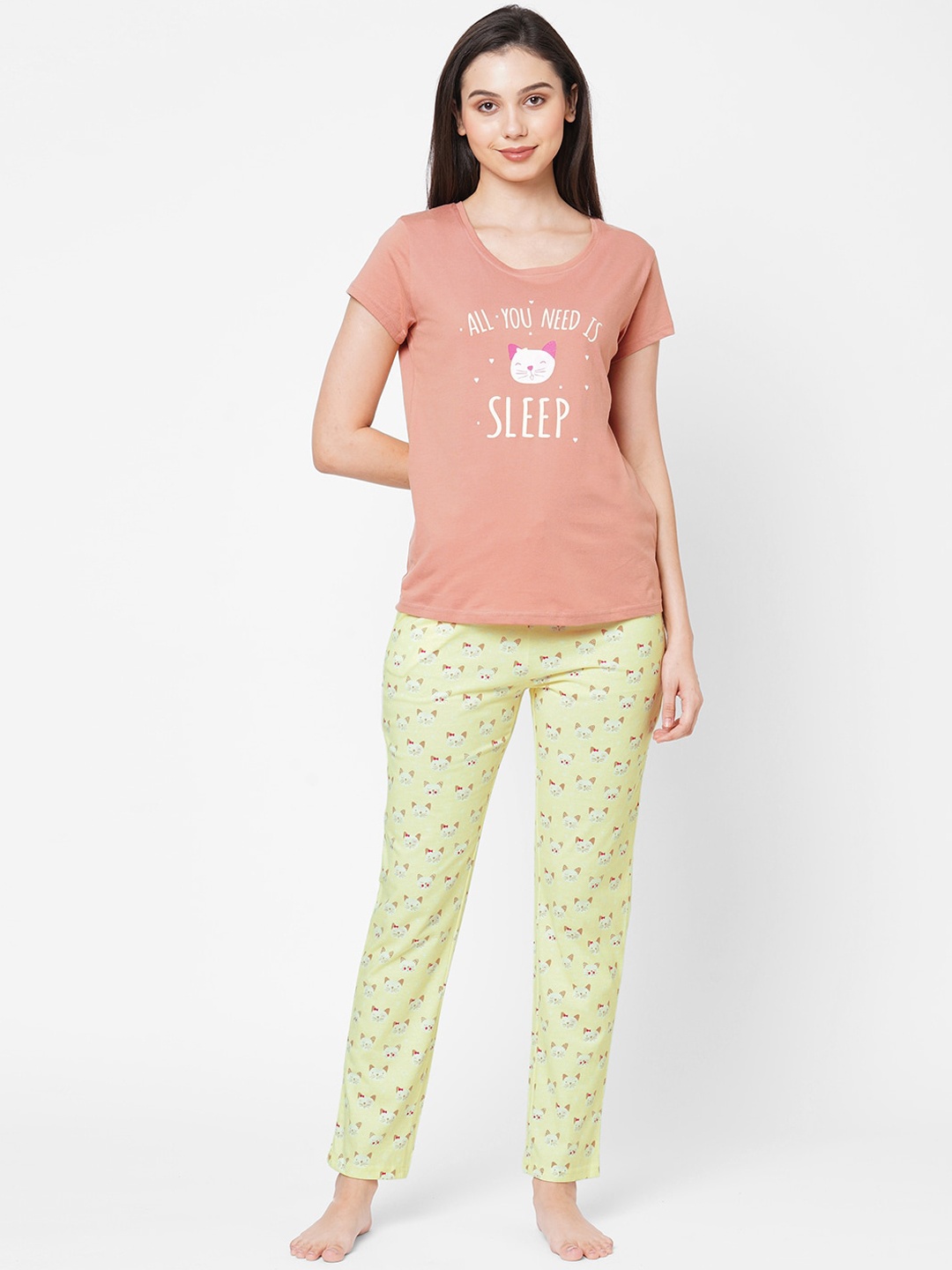 

Sweet Dreams Women Peach-Coloured & Yellow Printed Pure Cotton Night Suit
