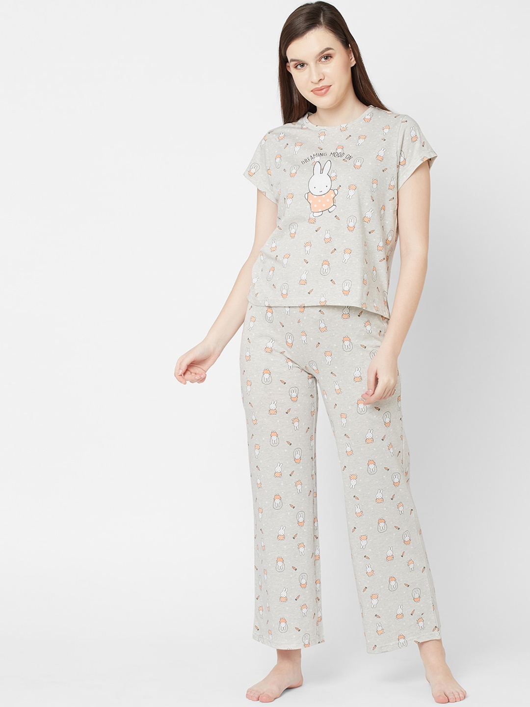 

Sweet Dreams Women Grey 2 Piece Graphic Printed Cotton Night suit