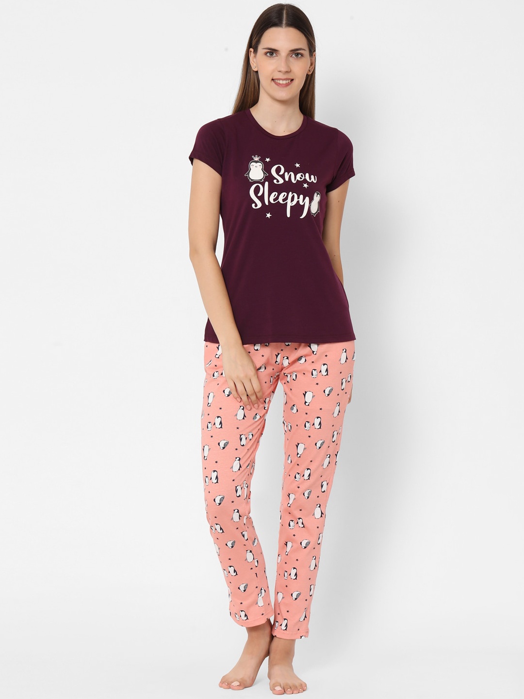 

Sweet Dreams Women Purple & Peach-Coloured Cotton Printed Night suit