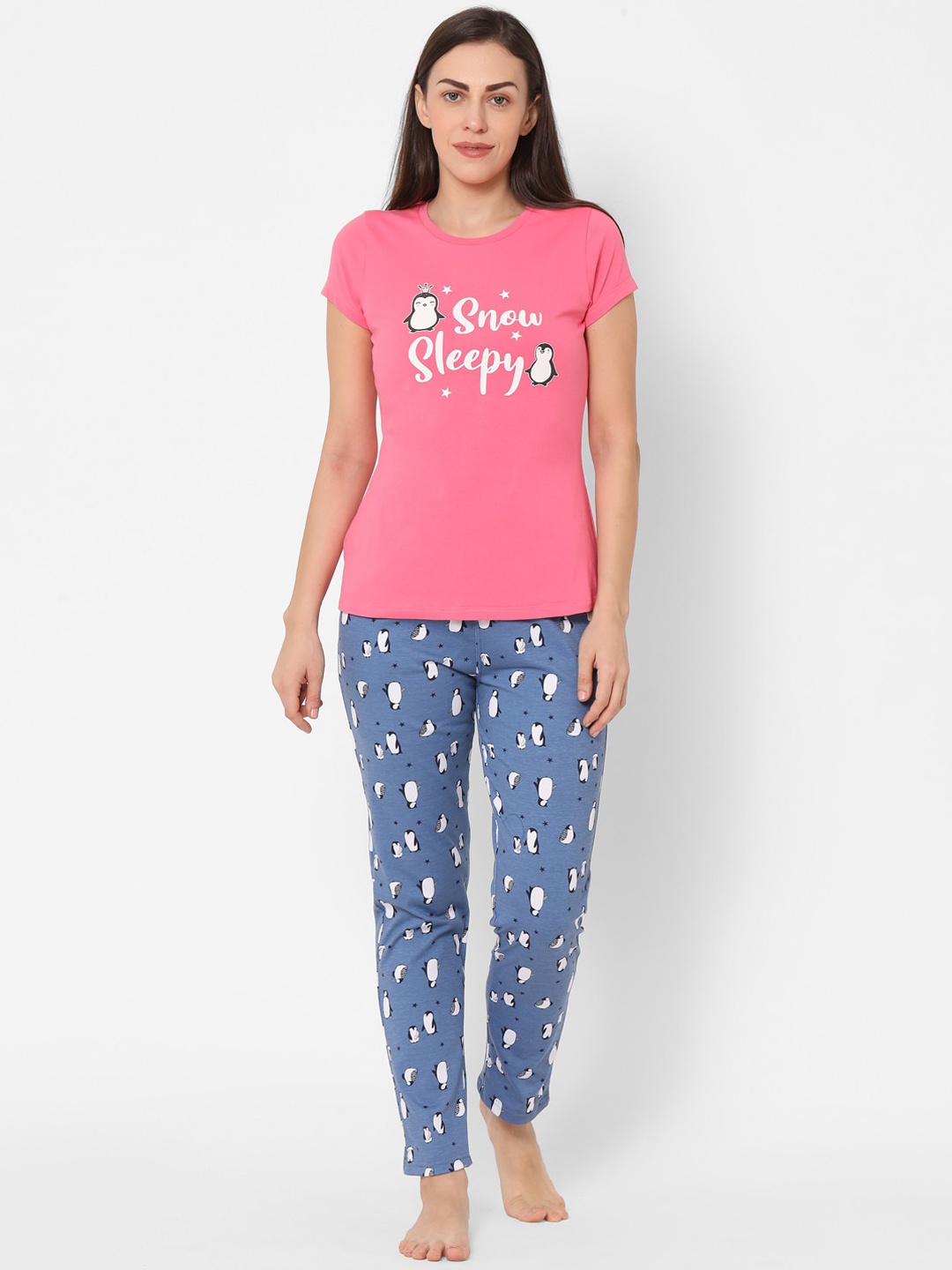 

Sweet Dreams Women Pink & Blue Printed Pure Cotton Night Suit