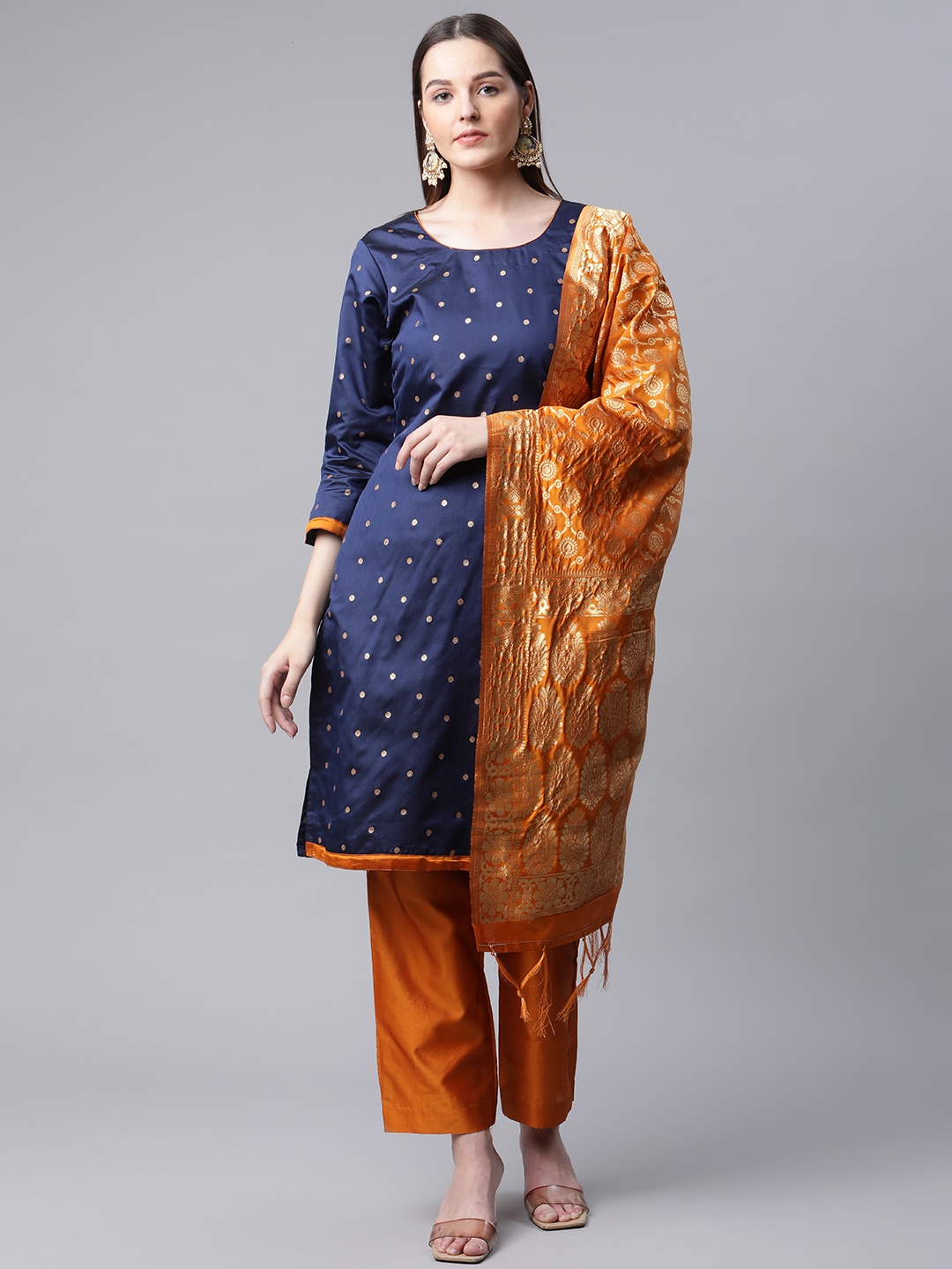 

Readiprint Fashions Navy Blue & Orange Art Silk Unstitched Dress Material