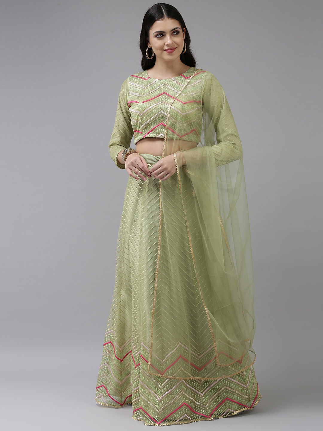 

DIVASTRI Green & Golden Embroidered Ready to Wear Lehenga & Unstitched Blouse With Dupatta