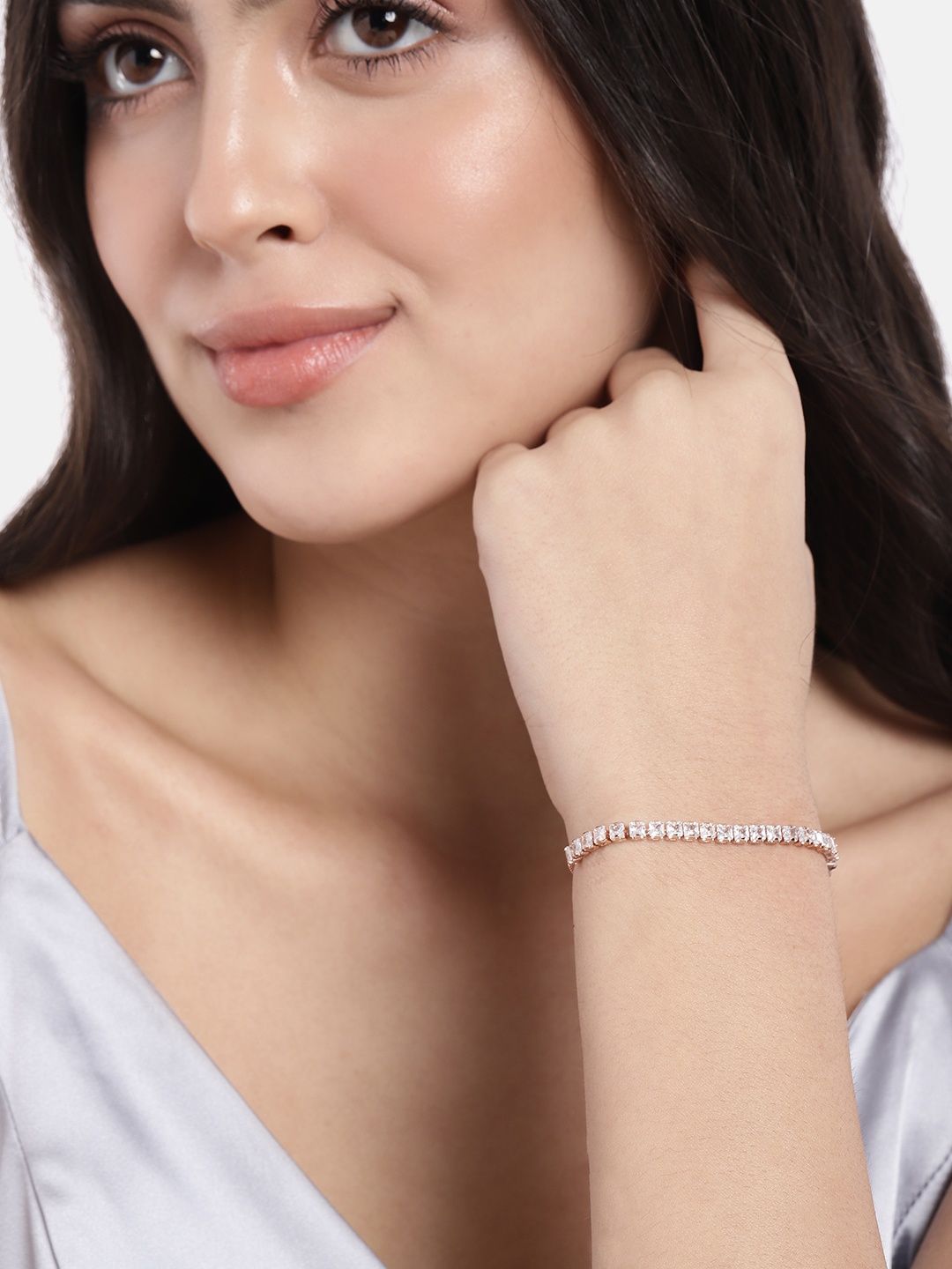 

Peora Women Rose Gold & White American Diamond Rose Gold-Plated Wraparound Bracelet