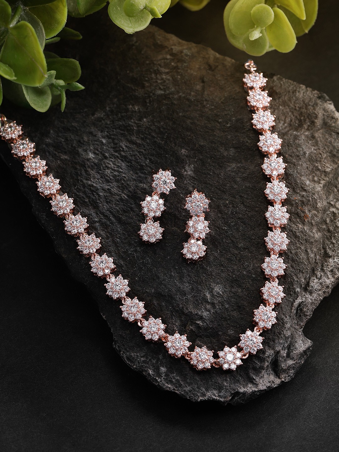 

Peora Rose-Gold Plated American Diamond Choker Necklace with Drop Earrings
