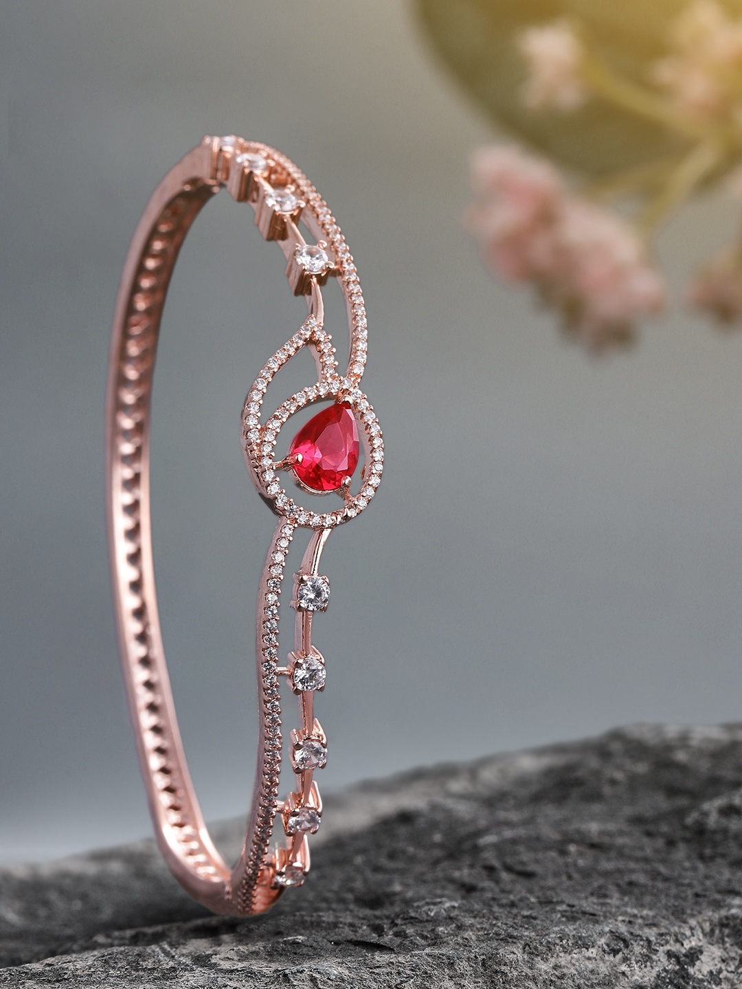 

Peora Women Rose Gold & Red American Diamond Rose Gold-Plated Kada Bracelet
