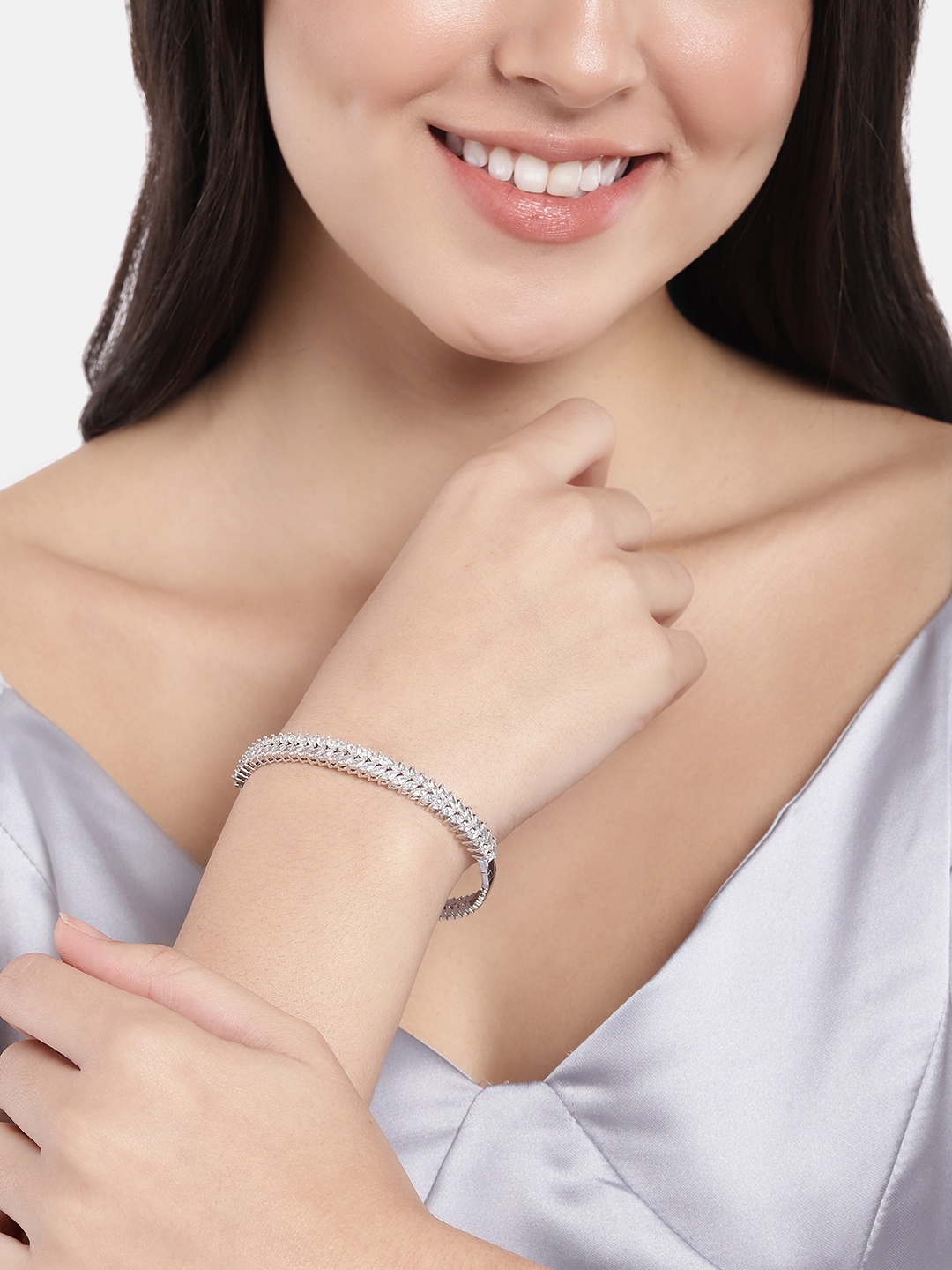 

Peora Women Silver-Toned American Diamond Silver-Plated Kada Bracelet