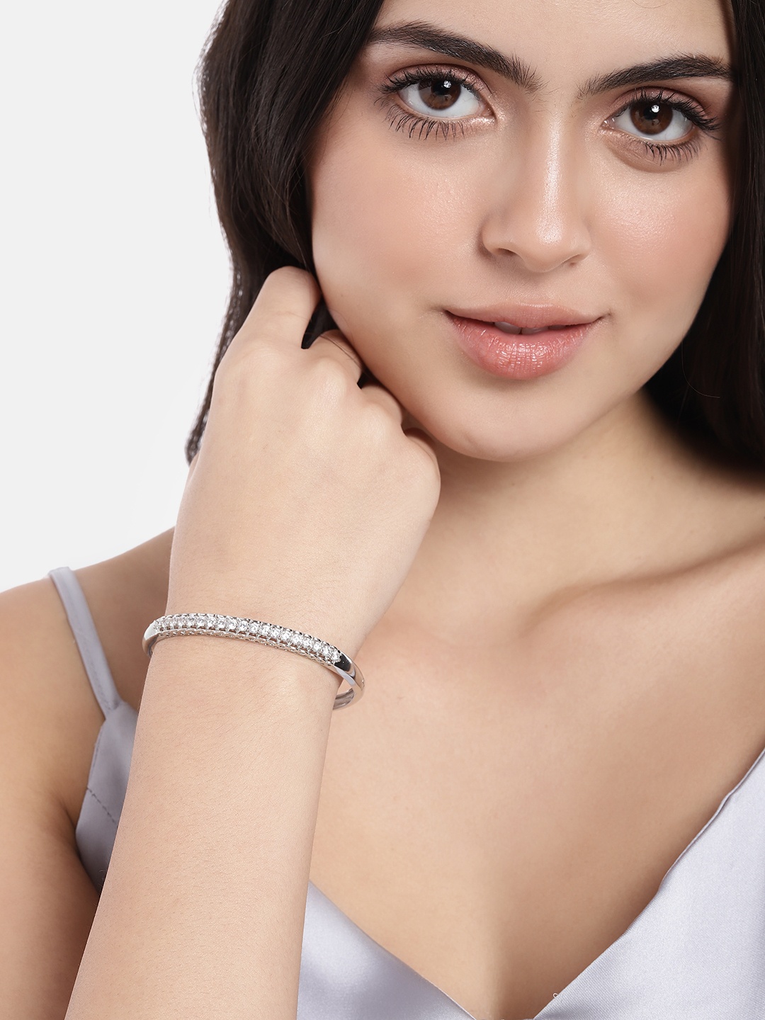 

Peora Women Silver-Toned American Diamond Silver-Plated Kada Bracelet