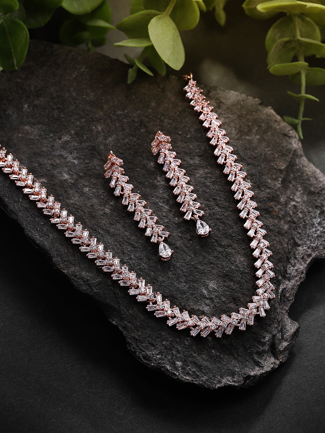

Peora Rose-Gold Plated American Diamond Choker Necklace with Drop Earrings