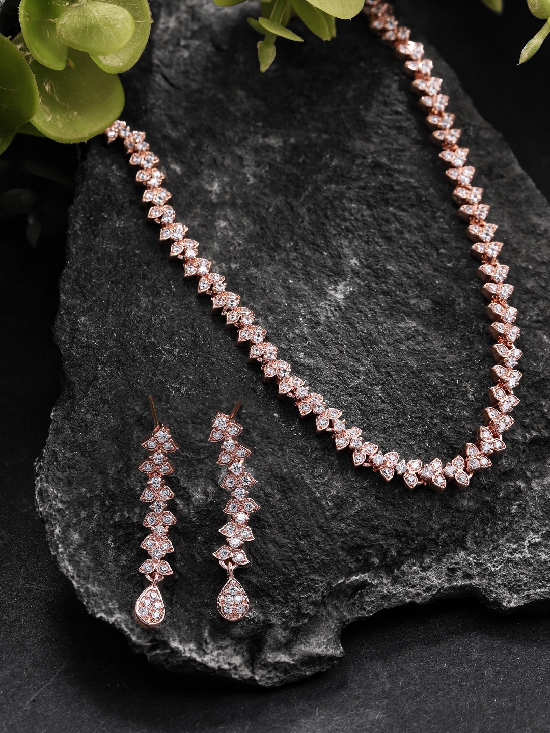 

Peora Rose-Gold Plated American Diamond Choker Necklace with Drop Earrings