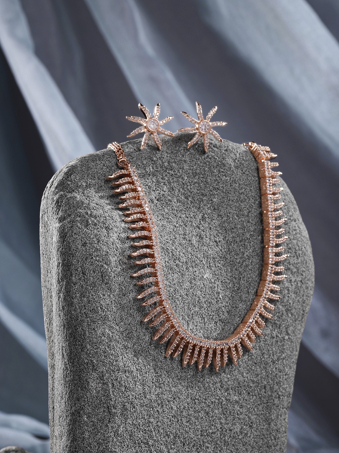

Peora Rose-Gold Plated American Diamond Choker Necklace with Drop Earrings