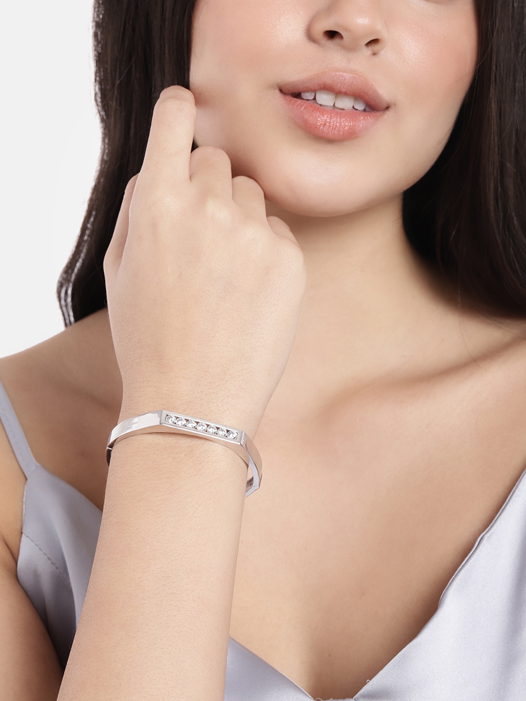 

Peora Women Silver-Toned American Diamond Silver-Plated Kada Bracelet